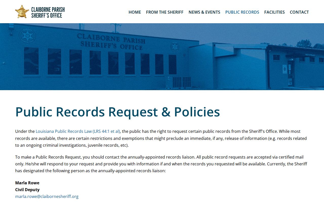 Claiborne Parish release record and booking photo request procedure